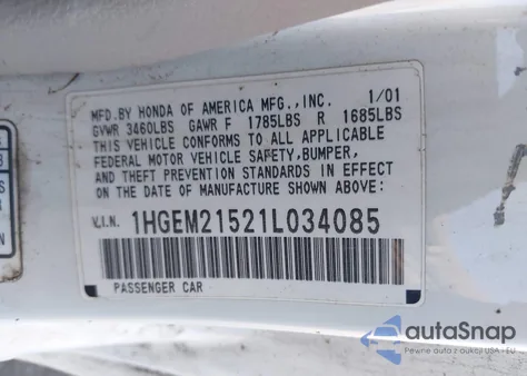 2001 Honda Civic Lx from USA, damaged, VIN 1HGEM21521L034085